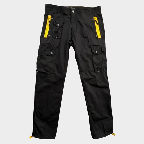 Vintage LRG Cargo Pants Mens 36 Black Yellow Zippers Nylon Goth Streetwear NEW